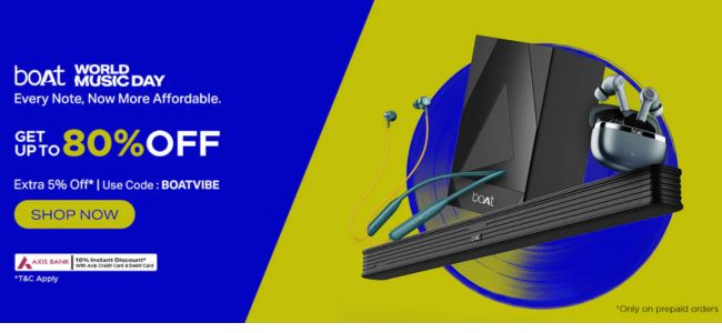 Boat World Music day - Upto 80% OFF + Extra 5% OFF on Prepaid order + Get 10% Instant discount on Axis bank cards