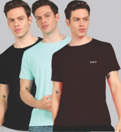M7 By Metronaut Solid Men Round Neck Black, Light Blue, Maroon T-Shirt