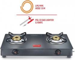Prestige Atlas Plus Toughened Glass top with Lighter Knife and Hose Pipe Glass Manual Gas Stove(2 Burners)