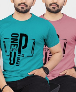 VeBNoR Men Round Neck Blue, Pink T-Shirt