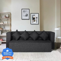 Seventh Heaven 78x36x14 inch Jute Fabric with 4 Cushions: 2 Year Warranty 4 Seater Single Foam Fold Out Sofa Cum Bed(Finish Color - Dark Grey Delivery Condition - Pre-assembled)