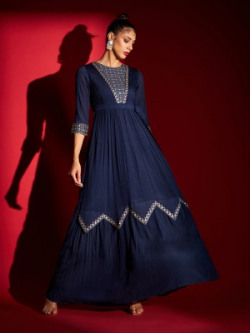 Madhuram Women Embroidered Gown Kurta(Dark Blue)