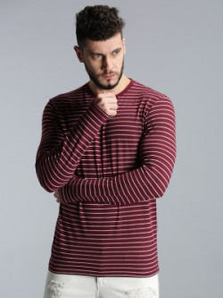 UrGear Striped Men Round Neck Maroon T-Shirt