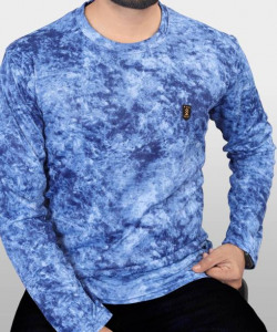 Men Printed Round Neck Poly Cotton Blue T-Shirt
