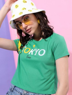 Tokyo Talkies Printed Women Round Neck Green T-Shirt