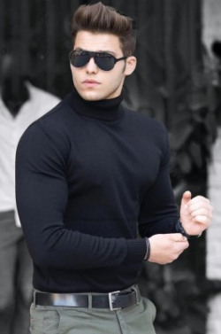 VERTICALS Solid Men High Neck Black T-Shirt