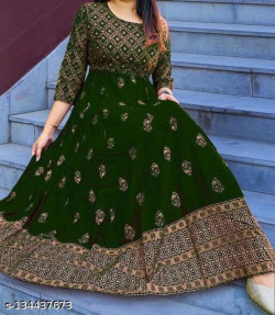 Women Printed Viscose Rayon Anarkali Kurta(Green)
