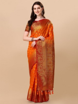 sarify creation Woven Kanjivaram Cotton Silk Saree(Orange)