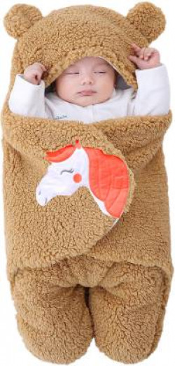 BABY ZONE Embroidered Single Hooded Baby Blanket for AC Room(Microfiber, Brown)