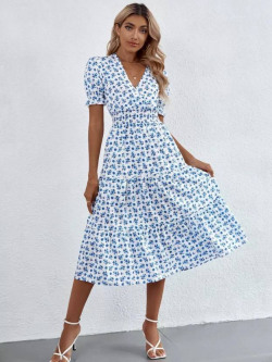 Women Fit and Flare White, Dark Blue Dress