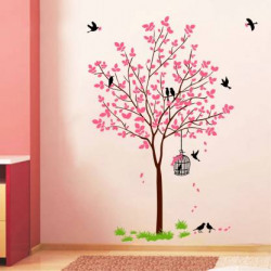 Decal O Decal 1 cm Wall Decals ' Pink Tree With Birds Cage And Nest '(PVC Vinyl,Multicolour) Self Adhesive Sticker(Pack of 1)