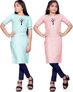 Girls Striped Pure Cotton Straight Kurta(Blue, Pink)