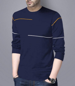 Men Striped Round Neck Cotton Blend Blue T-Shirt