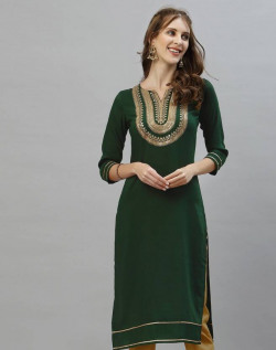 Women Embellished, Embroidered Cotton Silk Straight Kurta(Dark Green)