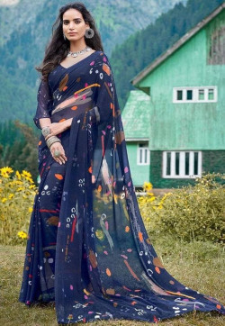 Floral Print Daily Wear Georgette Saree(Dark Blue)