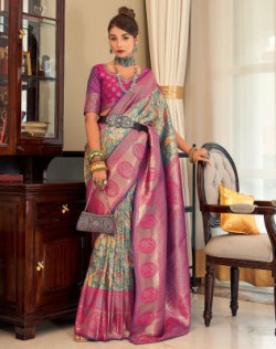 Siril Woven, Embellished, Self Design Paithani Art Silk Saree(Light Blue, Pink, Multicolor)