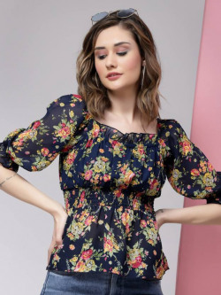 Casual Puff Sleeves Floral Print Women Blue Top