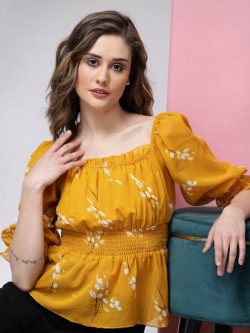 Casual Puff Sleeves Floral Print Women Yellow Top