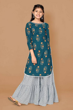 Girls Festive & Party Kurta and Pallazo Set(Blue Pack of 1)