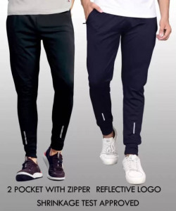 Pack of 2 Men Solid Black, Dark Blue Track Pants