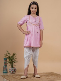 Tuniya Girls Festive & Party Kurta and Dhoti Pant Set(Pink Pack of 1)
