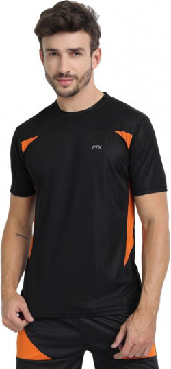 Men Colorblock Round Neck Polyester Black T-Shirt
