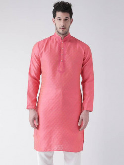 Men Self Design Cotton Blend Straight Kurta(Pink)
