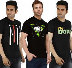 Pack of 3 Men Graphic Print Round Neck Pure Cotton Navy Blue T-Shirt