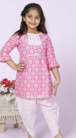 Little Dreams Girls Festive & Party Dhoti & Kurta Set(Pink Pack of 1)