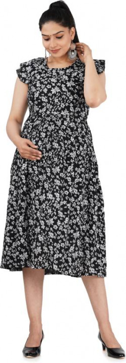 Women Printed Viscose Rayon Ethnic Dress(Black)