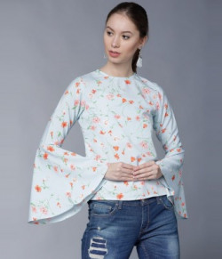Tokyo Talkies Casual Bell Sleeve Printed Women Light Blue Top