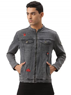 Style Quotient Men Grey Washed Denim Jacket(AW21SQHARLEYROCKNROLL_GR-M)