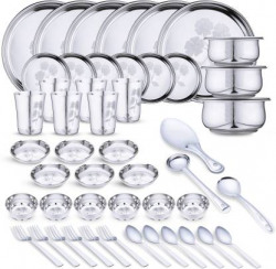 LIMETRO STEEL Pack of 51 Stainless Steel Laser Printed Flawer Design (Serves 6) Dinner Set(Silver)