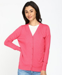 Christy World Solid V Neck Casual Women Pink Sweater