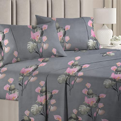 BSB HOME 100% Cotton 160 TC Big Flower Printed Double Bedsheets with 2 King Size Pillow Cover, (90X90 Inches, 7 x 7.5 Feet, White Blue and Pink)