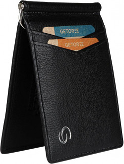 Men & Women Casual Black Genuine Leather RFID Money Clip - Mini(8 Card Slots)