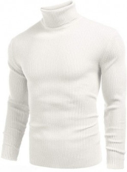 FREAKS Self Design High Neck Casual Men White Sweater