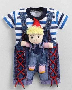 Dungaree For Baby Boys & Baby Girls Casual Printed, Self Design Cotton Blend(Blue, Pack of 1)