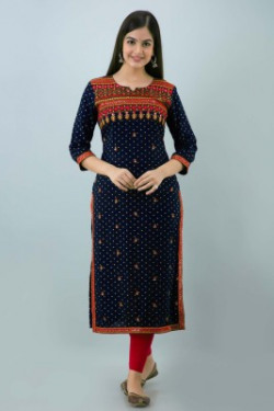 anushansa Women Embroidered Straight Kurta(Dark Blue)