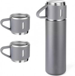 URBANHUDA Vacuum Insulated Flask set 3Cup set for Hot & Cold Drink (Giftset Grey) 500 ml Flask(Pack of 1, Grey, Steel)