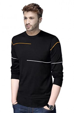 REYA Mens Cotton Round Neck Striped Full Sleeve Regular fit T-Shirt Black (S Size)