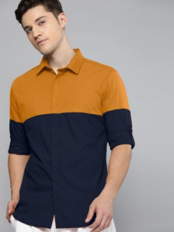 ZOMBOM Men Color Block Casual Dark Blue, Gold Shirt