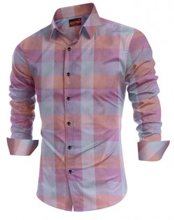 IndoPrimo Men's Cotton Casual Cloudbrust Checks Shirt for Men Full Sleeves - Rustom (Medium, Pink)