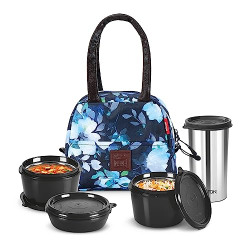 MILTON Floret Tiffin (3 Microwave Safe Inner Steel Containers, 180/320 /320 ml; 1 Stainless Steel Tumbler with Lid, 415 ml) with Insulated Fabric Jacket, Blue | Lunch Box | Office