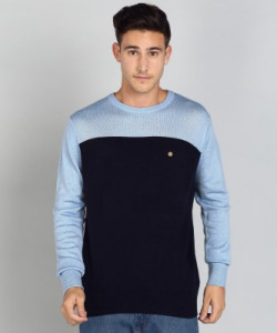 NUMERO UNO Woven Crew Neck Casual Men Dark Blue Sweater