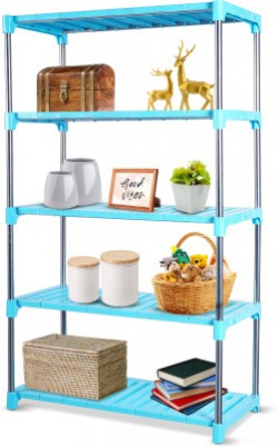 LivingBasics Multipurpose Plastic Storage Rack for Books/Clothes/Office, Shoe Stand / Polypropylene, Stainless Steel Wall Shelf(Number of Shelves - 5, Blue)