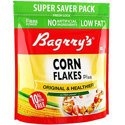 Bagrry's Corn Flakes Plus 1kg Pouch| Original and Healthier | Low Fat & Cholesterol | High Fibre | Deliciously Crunchy | All Natural CornFlakes | Breakfast Cereal