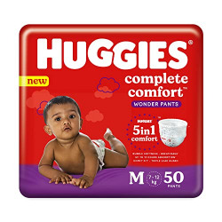 Huggies Complete Comfort Wonder Pants Medium (M) Size (7-12 Kgs) Baby Diaper Pants, 50 count| India's Fastest Absorbing Diaper with upto 4x faster absorption | Unique Dry Xpert Channel