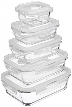 Amazon Brand - Solimo Glass Storage Containers with Break-free, Detachable Locks, Airtight, Leakproof, Microwave-Safe, Oven-Safe, Freezer-Safe, 5, Rectangle (175 + 570 + 600 + 1,000 + 1,500 ml)
