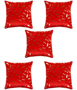 HOMETALES Pack of 5 Polyester Leaf Foil Printed Square Cushion Cover 40x40 Cm Red
